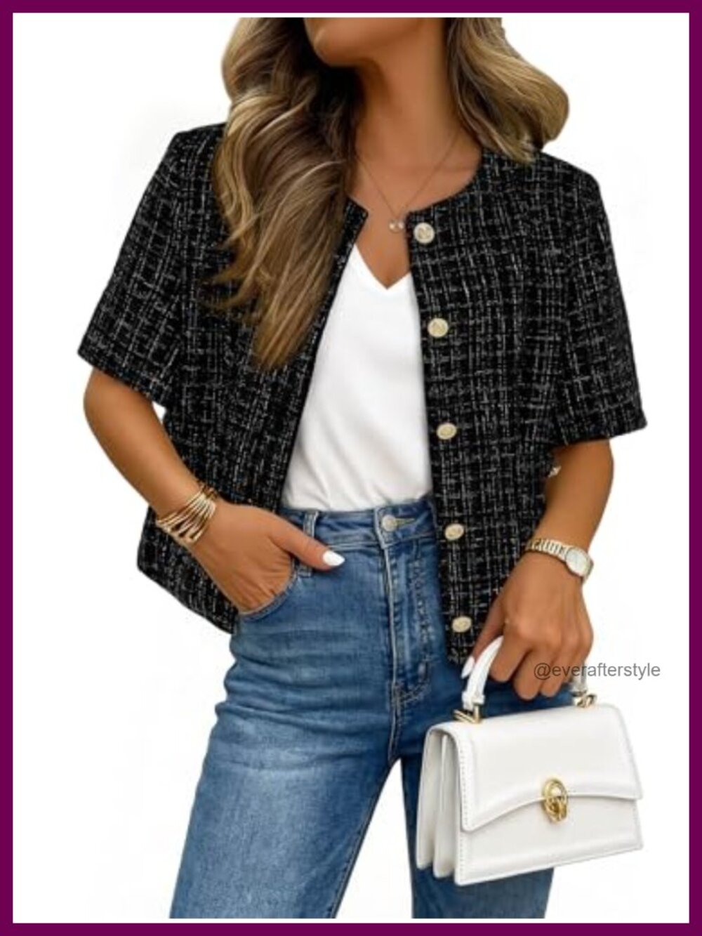 Women's Tweed Cropped Blazer Short Sleeve Business Casual Jacket
